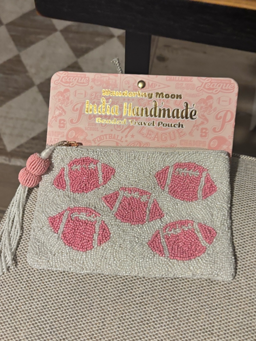 Handmade Pink Beaded Travel Pouch - Pink and White